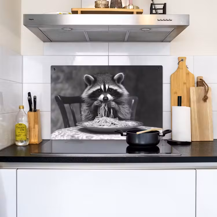 Wasbeer - Cute - Pasta - Tafelkleed - Zwart - Wit Inductie beschemer met haakjes klein -sfeer2