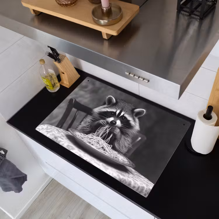 Wasbeer - Cute - Pasta - Tafelkleed - Zwart - Wit Inductie beschemer met haakjes klein -sfeer1