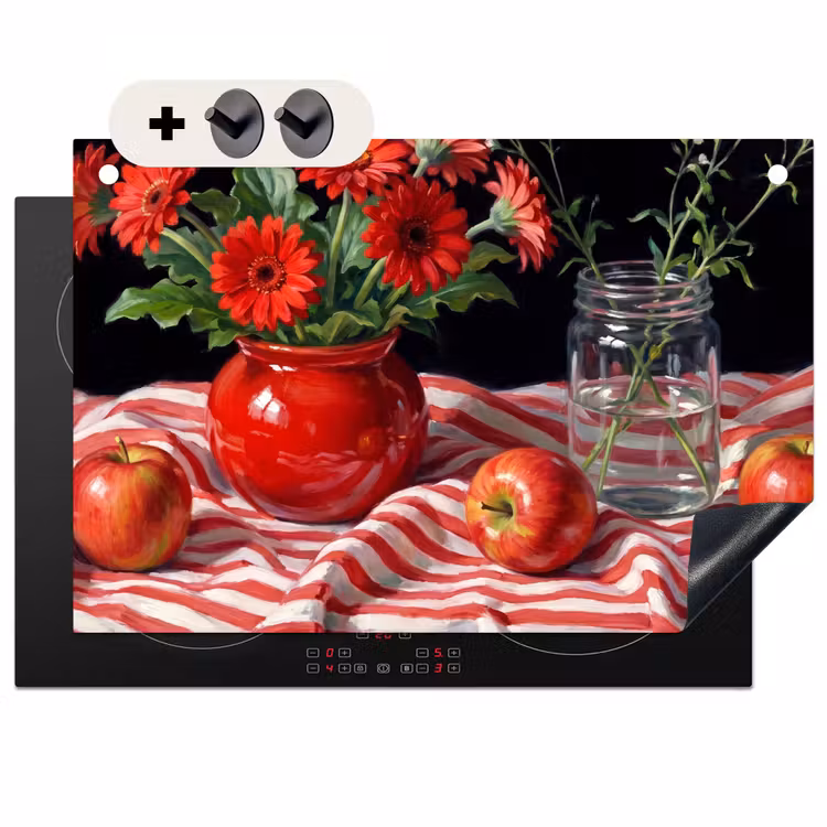 Induction Hob Cover & Splashback (2-in-1) - Red Flowers - Vase - Rode bloemen - Vaas Inductie beschemer met haakjes klein