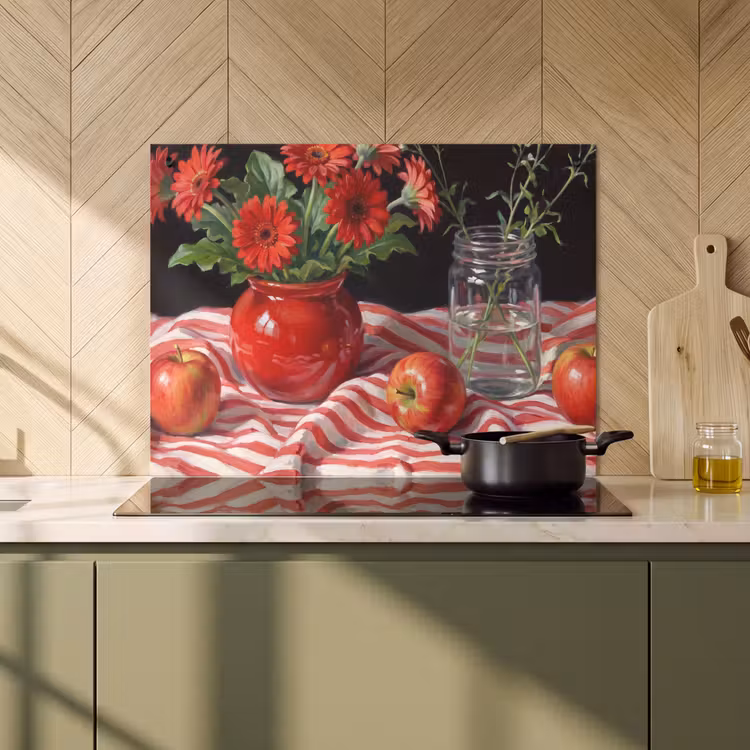 Induction Hob Cover & Splashback (2-in-1) - Red Flowers - Vase - Rode bloemen - Vaas Inductie beschemer met haakjes klein