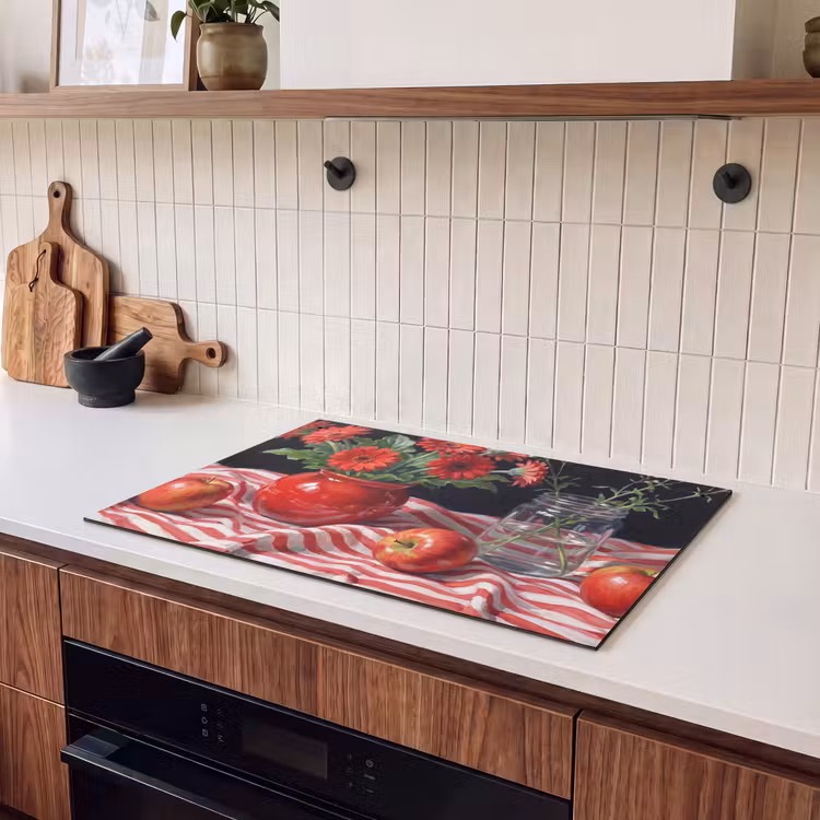 Induction Hob Cover & Splashback (2-in-1) - Red Flowers - Vase - Rode bloemen - Vaas Inductie beschemer met haakjes klein