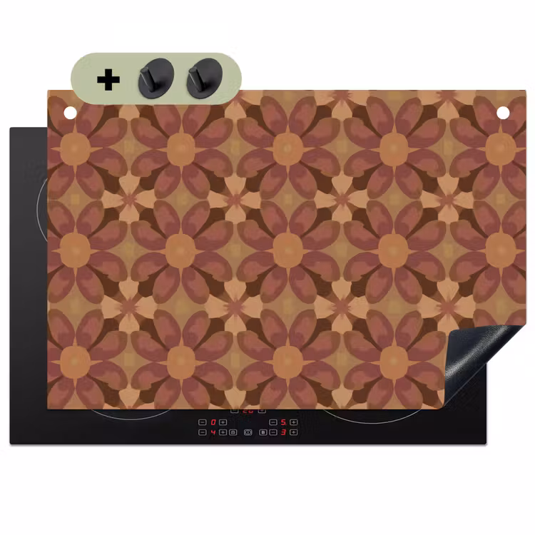 Retro - Bloemen - Bruin Inductie beschemer met haakjes klein 777 -3d