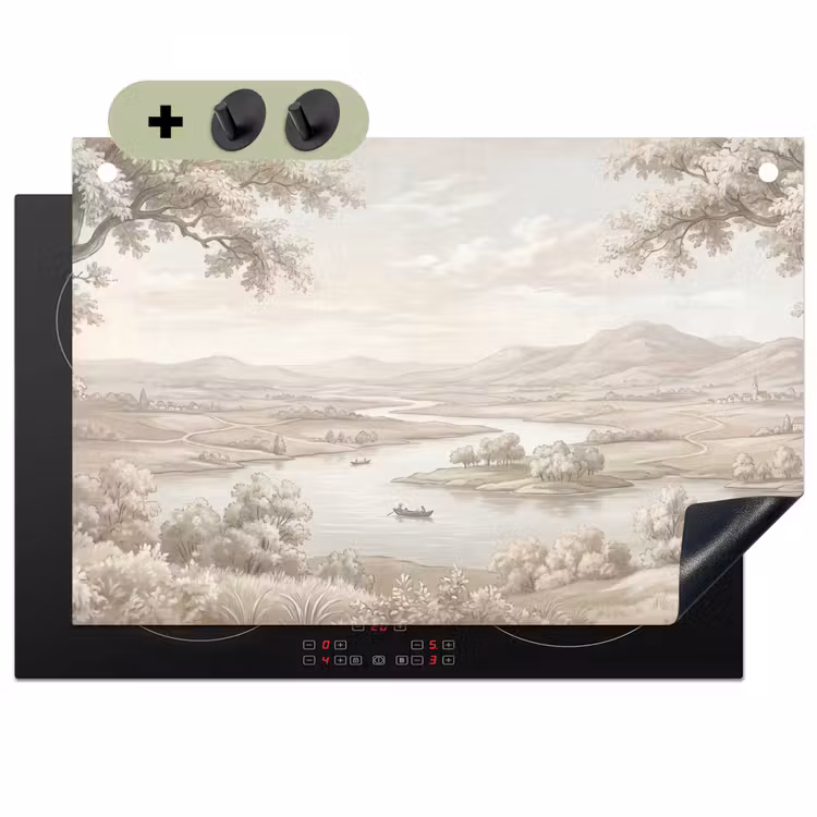 Rivierlandschap - Bergen - Natuur - Vintage - Beige Inductie beschemer met haakjes klein -3d