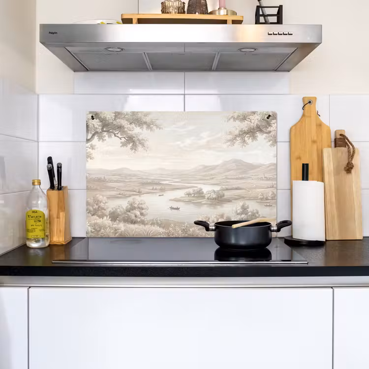 Rivierlandschap - Bergen - Natuur - Vintage - Beige Inductie beschemer met haakjes klein -sfeer2