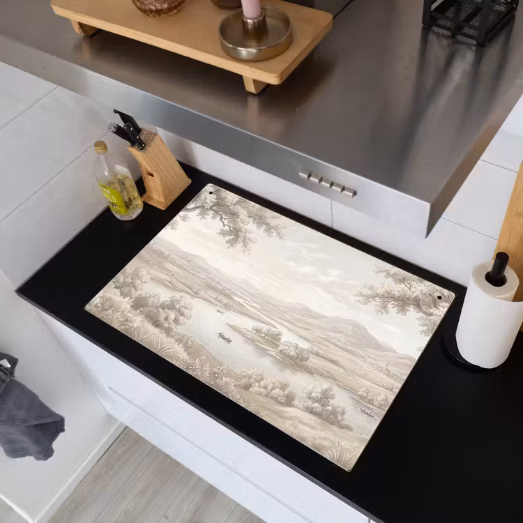Rivierlandschap - Bergen - Natuur - Vintage - Beige Inductie beschemer met haakjes klein -sfeer1