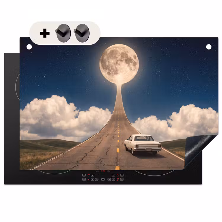 Induction Hob Cover & Splashback (2-in-1) - Road - Moon - Night - Weg - Maan - Nacht Inductie beschemer met haakjes klein