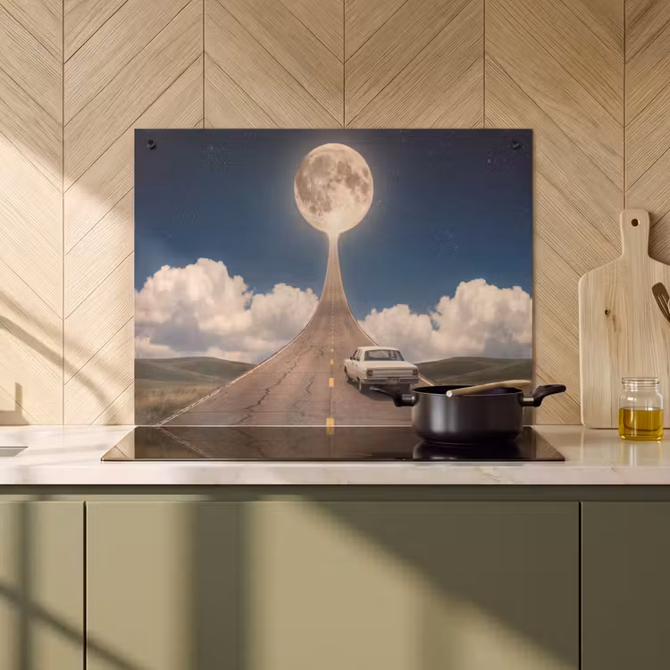Induction Hob Cover & Splashback (2-in-1) - Road - Moon - Night - Weg - Maan - Nacht Inductie beschemer met haakjes klein