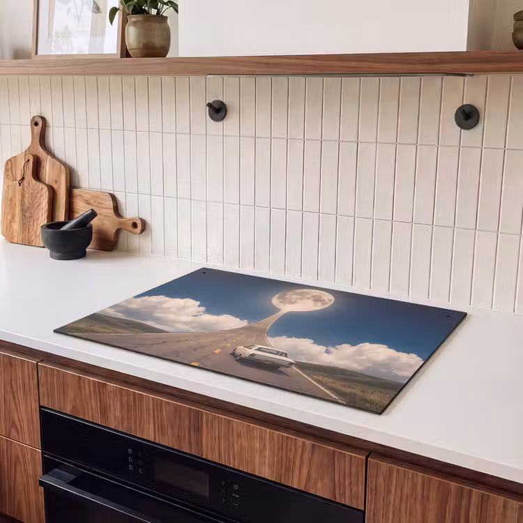 Induction Hob Cover & Splashback (2-in-1) - Road - Moon - Night - Weg - Maan - Nacht Inductie beschemer met haakjes klein