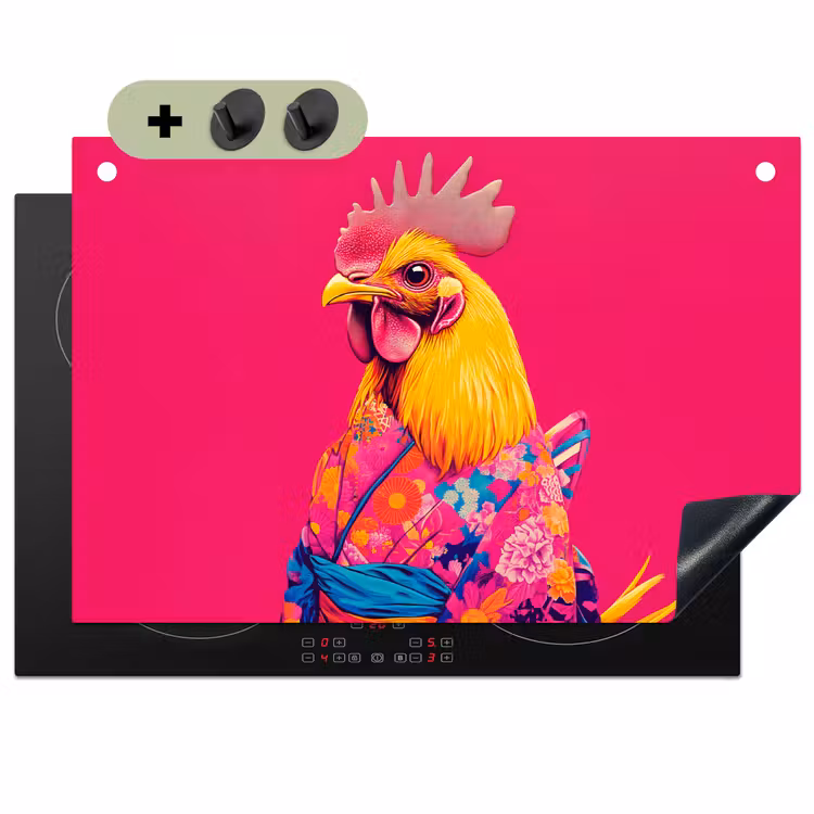 Haan - Kleurrijk - Kimono - Roze Inductie beschemer met haakjes klein -3d
