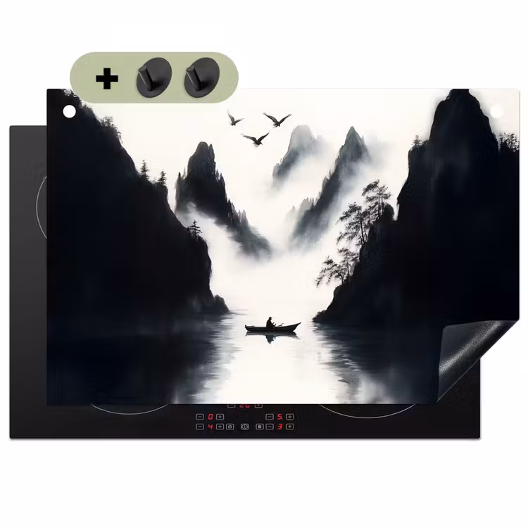 Roeiboot - Mistig - Bergen - Vogels Inductie beschemer met haakjes klein -3d