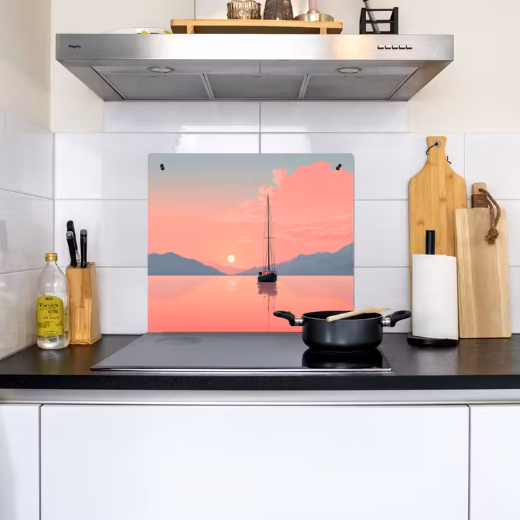Zeilboot - Roze zee - Zonsondergang - Bergen Inductie beschemer met haakjes middel -sfeer2