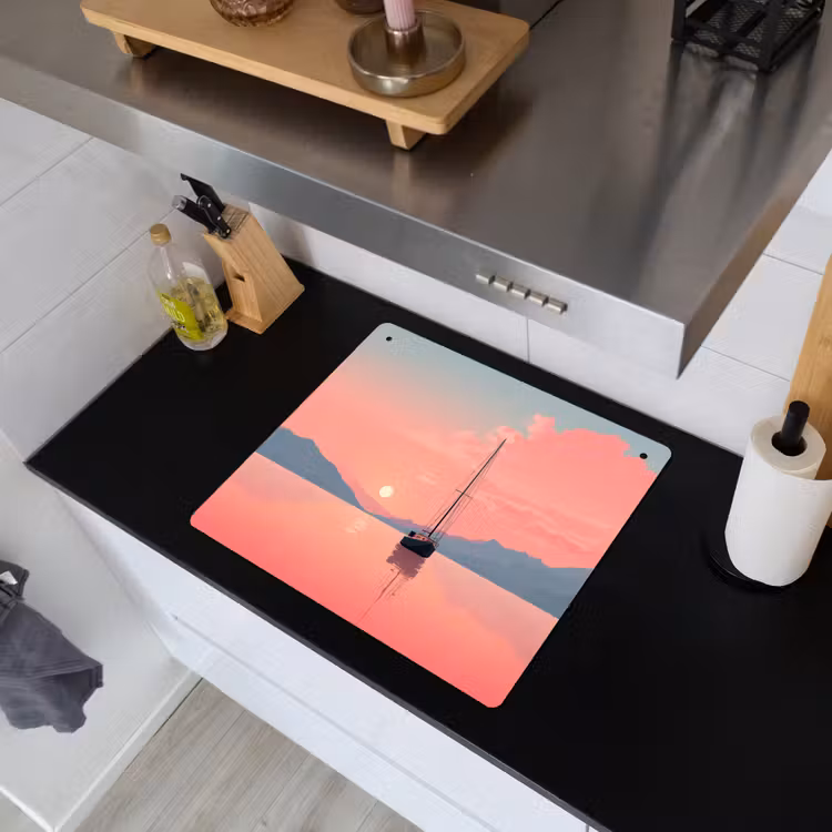 Zeilboot - Roze zee - Zonsondergang - Bergen Inductie beschemer met haakjes middel -sfeer1