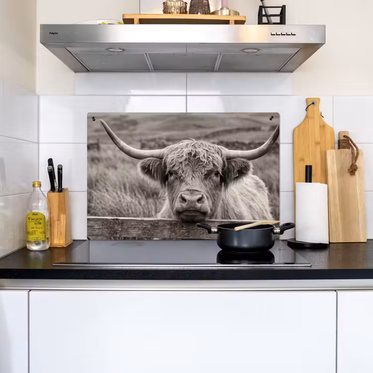 Schotse hooglander - Zwart - Wit - Hout Inductie beschemer met haakjes klein -sfeer2