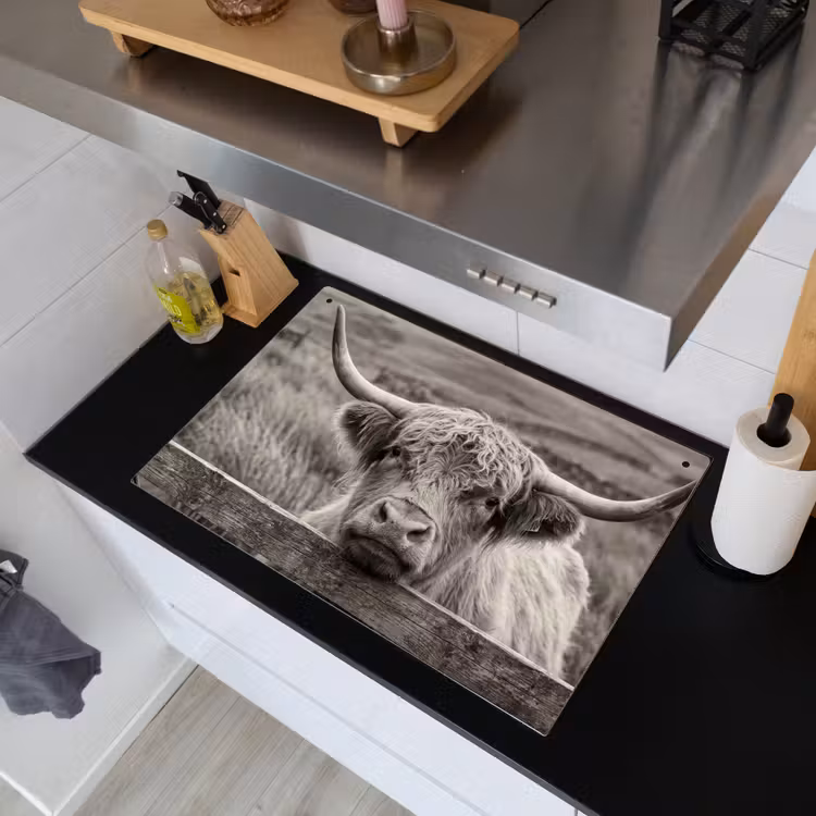 Schotse hooglander - Zwart - Wit - Hout Inductie beschemer met haakjes klein -sfeer1