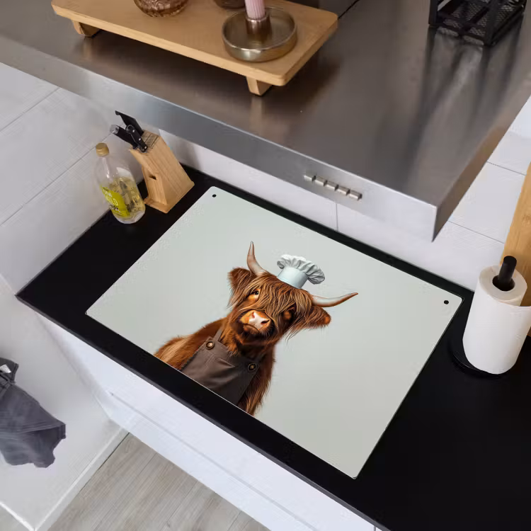 Schotse Hooglander - Bruin - Hoorns - Kokskleding Inductie beschemer met haakjes klein -sfeer1