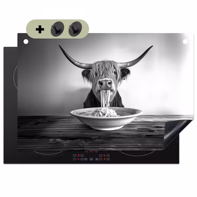 Schotse Hooglander - Spaghetti - Dieren - Zwart wit Inductie beschemer met haakjes klein -3d