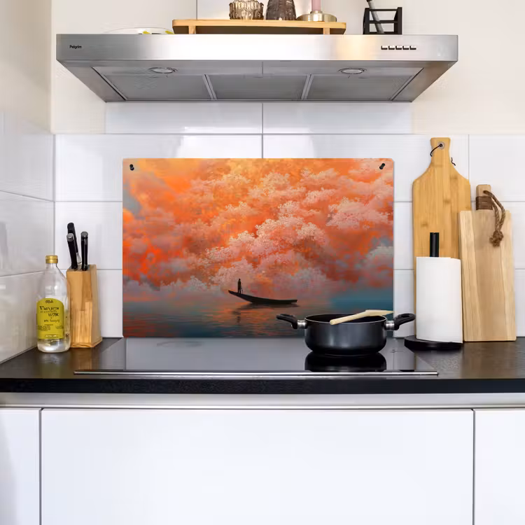 Zee - Boot - Wolken - Oranje Inductie beschemer met haakjes klein -sfeer2