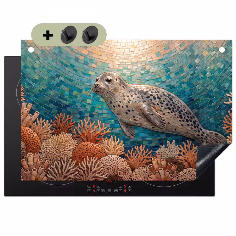 Zeehond - Mozaïek - Onderwater - Dieren - Blauw Inductie beschemer met haakjes klein -3d