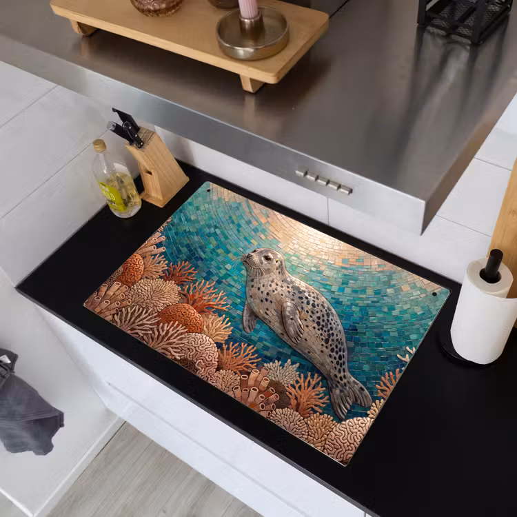 Zeehond - Mozaïek - Onderwater - Dieren - Blauw Inductie beschemer met haakjes klein -sfeer1