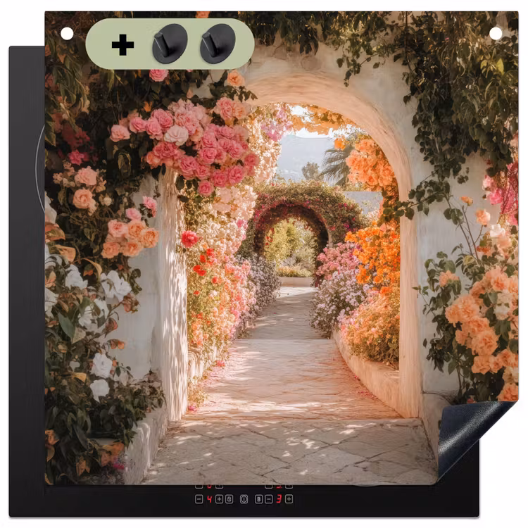 Doorkijk - Boog - Bloemen - Pastel Inductie beschemer met haakjes middel -3d