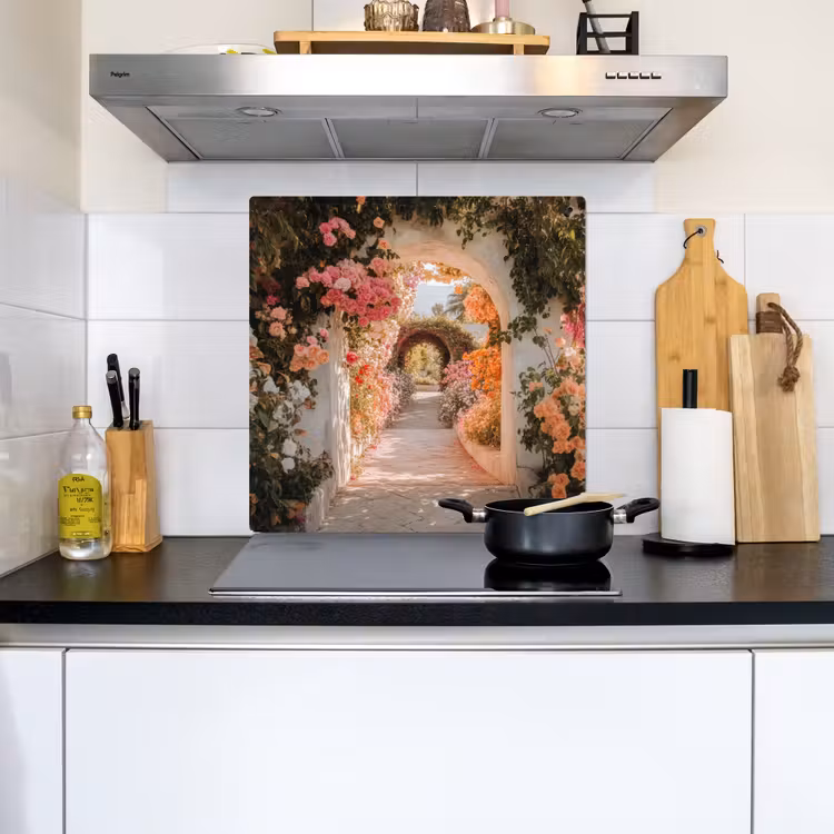 Doorkijk - Boog - Bloemen - Pastel Inductie beschemer met haakjes middel -sfeer2