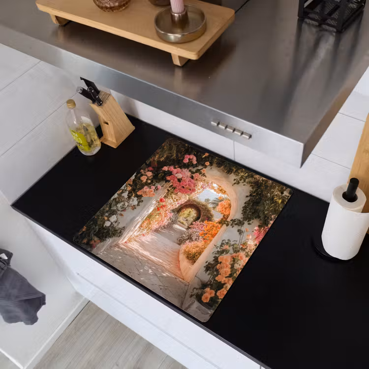 Doorkijk - Boog - Bloemen - Pastel Inductie beschemer met haakjes middel -sfeer1