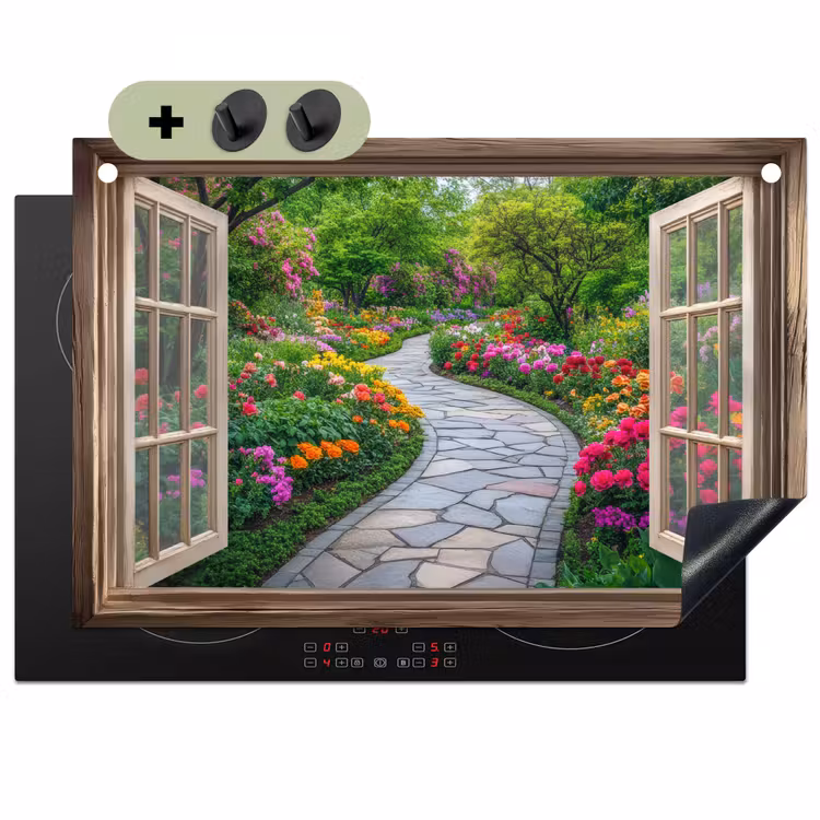 Doorkijk - Bloemen - Tuinpad - Natuur - Raam Inductie beschemer met haakjes klein -3d
