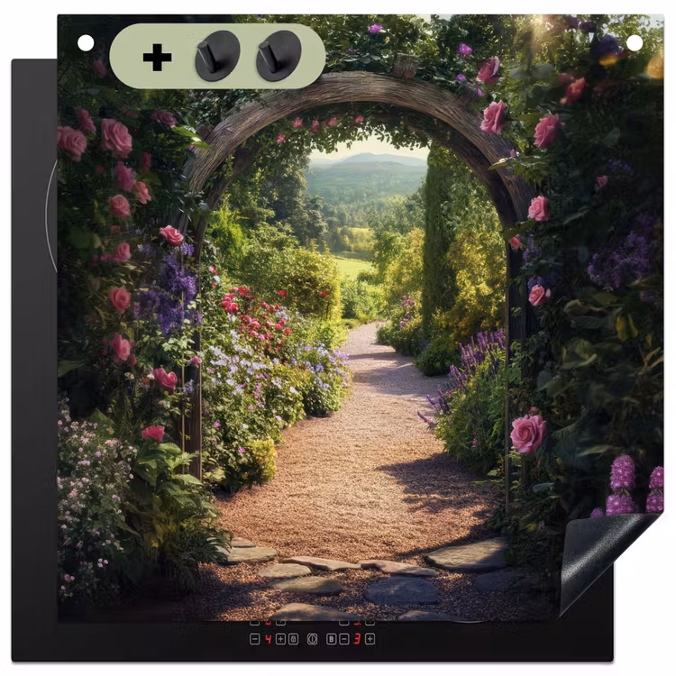 Doorkijk - Bloemen - Natuur - Rozenboog Inductie beschemer met haakjes middel -3d