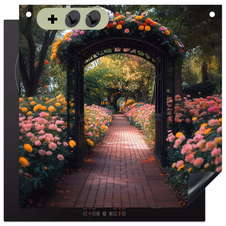 Doorkijk - Bloemen - Pad - Natuur - Kleurrijk Inductie beschemer met haakjes middel -3d