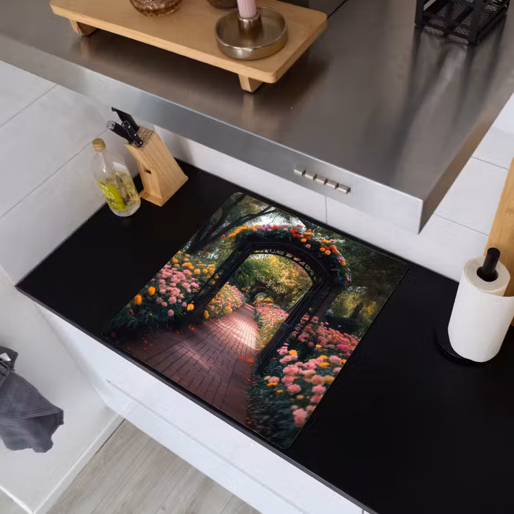 Doorkijk - Bloemen - Pad - Natuur - Kleurrijk Inductie beschemer met haakjes middel -sfeer1