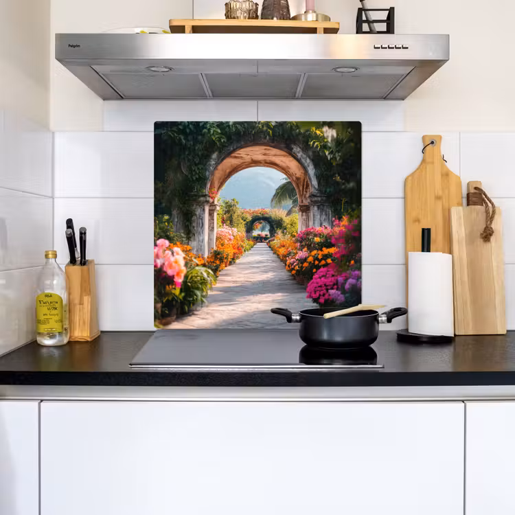 Doorkijk - Bloemen - Tropisch - Kleurrijk Inductie beschemer met haakjes middel -sfeer2