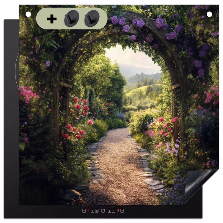Doorkijk - Landschap - Bloemen - Tuinboog - Natuur Inductie beschemer met haakjes middel -3d