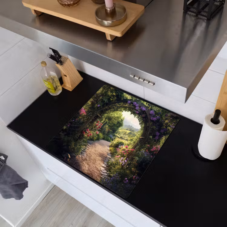 Doorkijk - Landschap - Bloemen - Tuinboog - Natuur Inductie beschemer met haakjes middel -sfeer1