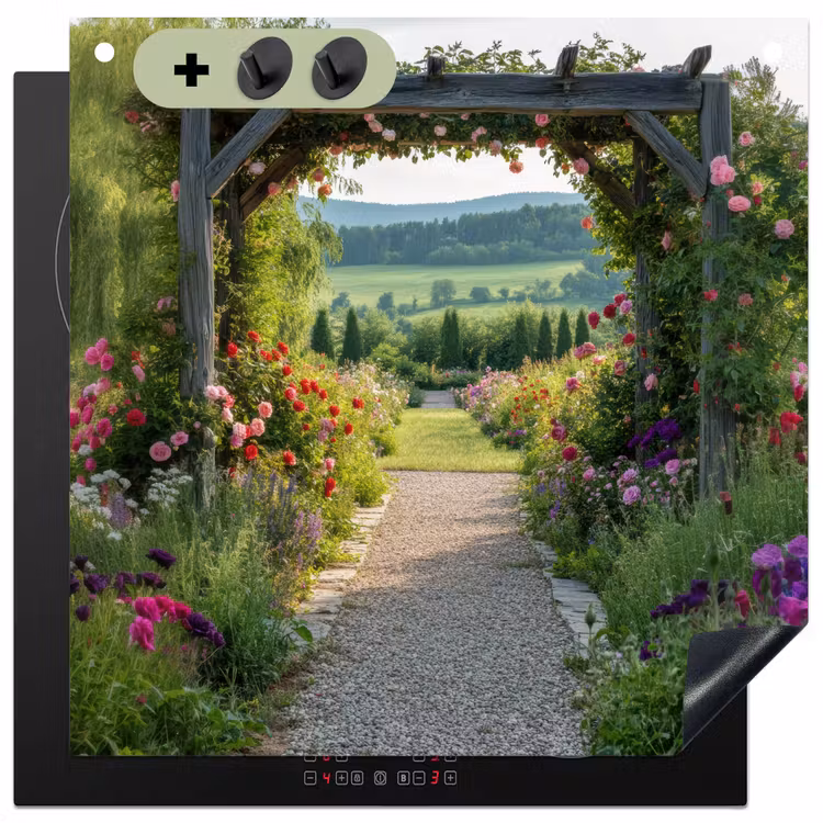 Doorkijk - Landschap - Natuur - Tuinboog - Bloemen Inductie beschemer met haakjes middel -3d