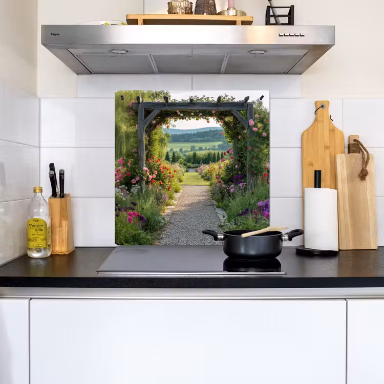 Doorkijk - Landschap - Natuur - Tuinboog - Bloemen Inductie beschemer met haakjes middel -sfeer2