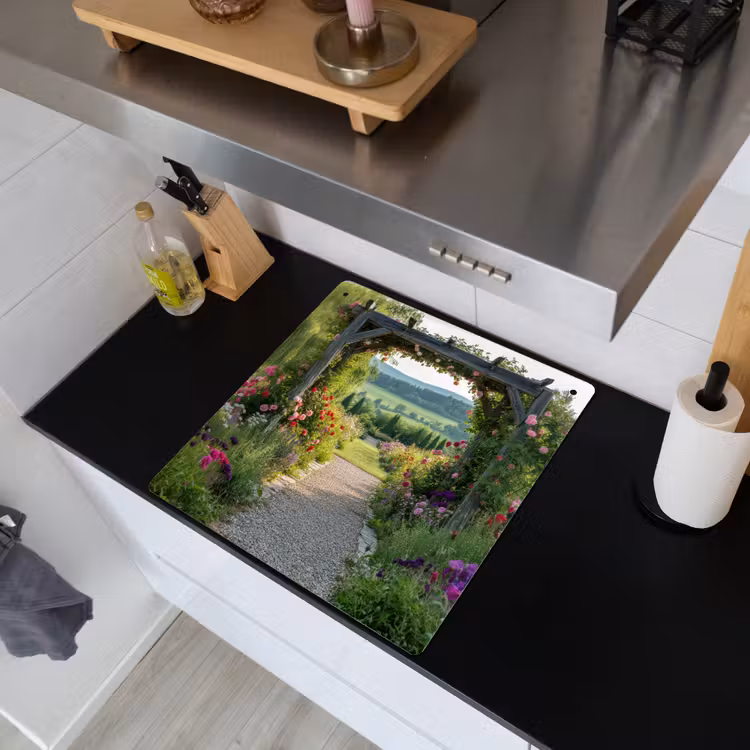 Doorkijk - Landschap - Natuur - Tuinboog - Bloemen Inductie beschemer met haakjes middel -sfeer1