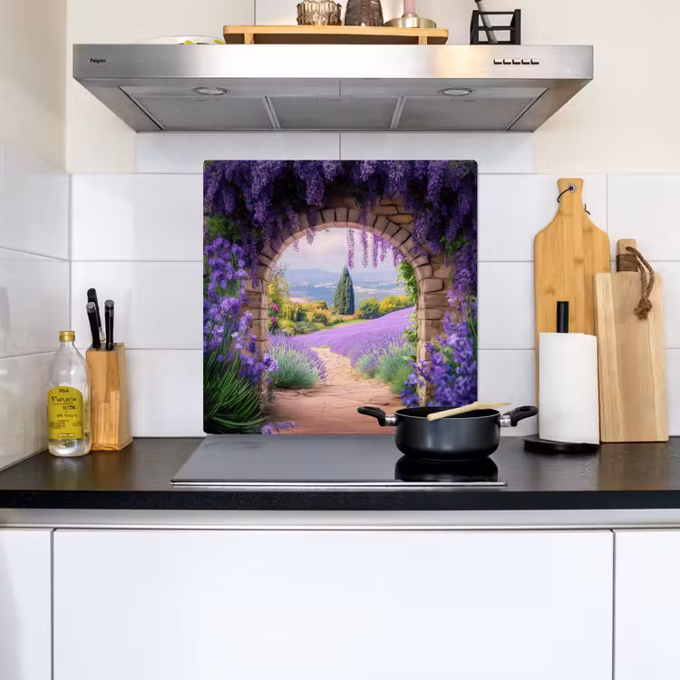 Doorkijk - Lavendel - Bloemen - Paars - Poort Inductie beschemer met haakjes middel -sfeer2
