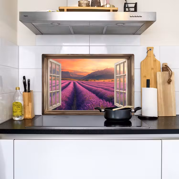 Doorkijk - Lavendel - Landschap - Bloemen - Paars Inductie beschemer met haakjes klein -sfeer2