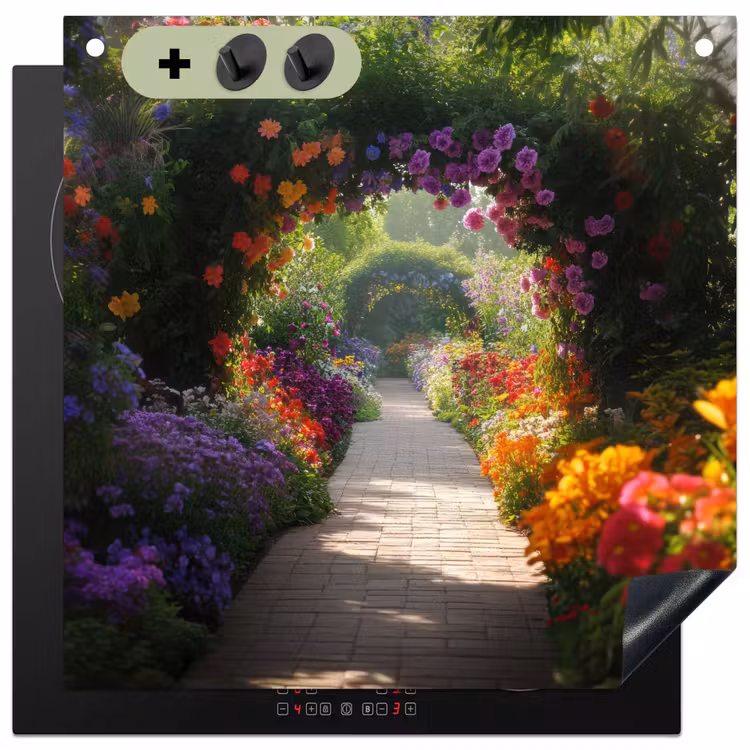 Doorkijk - Pad - Bloemen - Struik - Kleurrijk Inductie beschemer met haakjes middel -3d