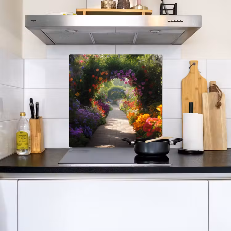 Doorkijk - Pad - Bloemen - Struik - Kleurrijk Inductie beschemer met haakjes middel -sfeer2