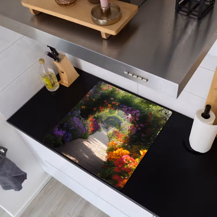 Doorkijk - Pad - Bloemen - Struik - Kleurrijk Inductie beschemer met haakjes middel -sfeer1