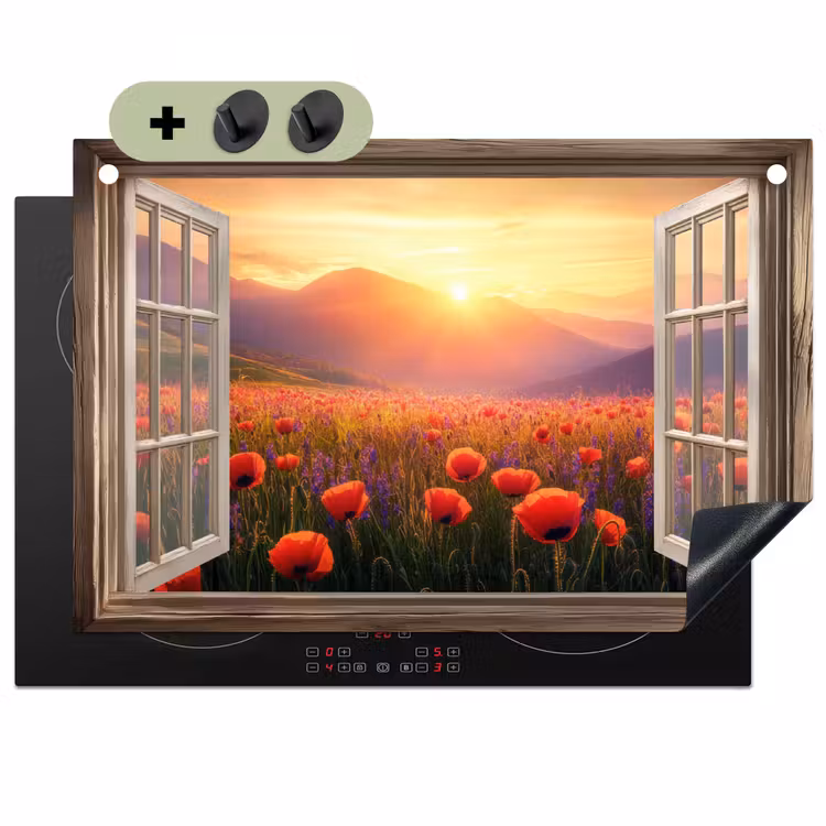 Doorkijk - Klaprozen - Bloemen - Rood - Open raam Inductie beschemer met haakjes klein -3d