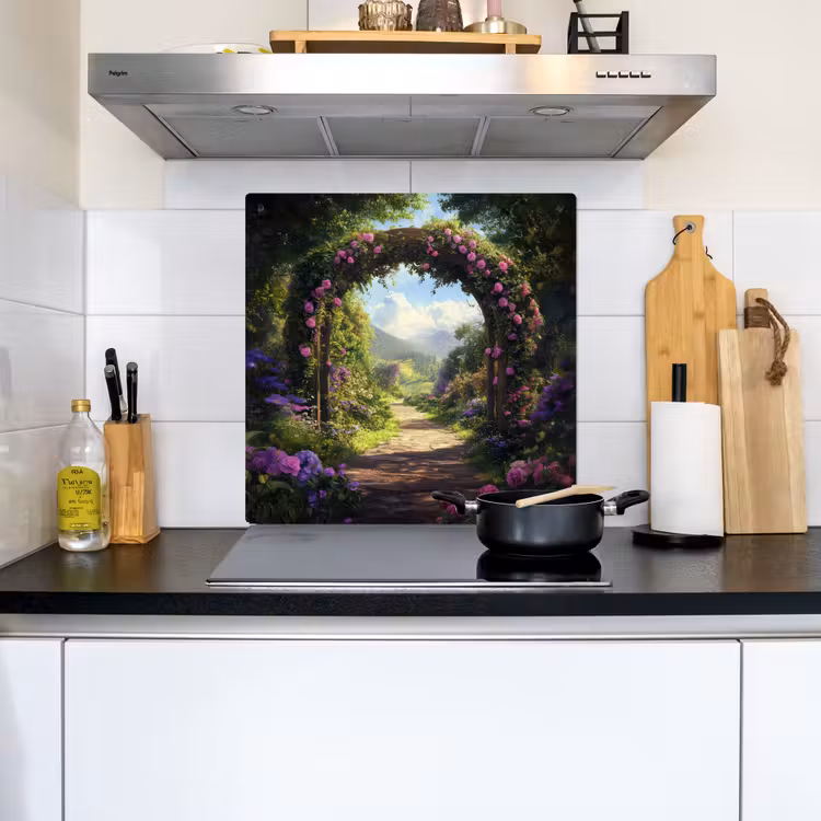 Doorkijk - Rozenboog - Uitzicht - Landschap - Bloemen Inductie beschemer met haakjes middel -sfeer2