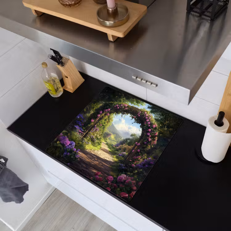 Doorkijk - Rozenboog - Uitzicht - Landschap - Bloemen Inductie beschemer met haakjes middel -sfeer1