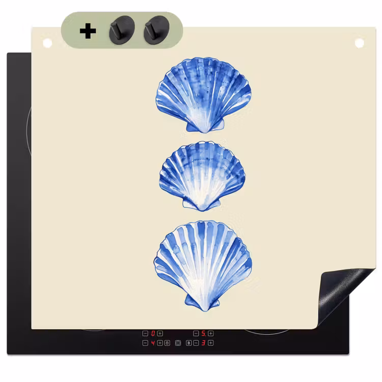 Schelpen - Blauw - Beige Inductie beschemer met haakjes middel -3d