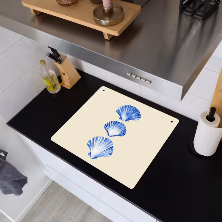 Schelpen - Blauw - Beige Inductie beschemer met haakjes middel -sfeer1