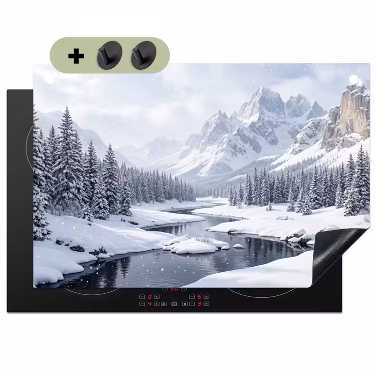 Sneeuwlandschap - Bergen - Rivier - Winter Inductie beschemer met haakjes klein -3d