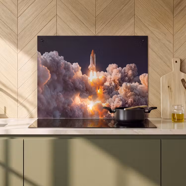 Induction Hob Cover & Splashback (2-in-1) - Spacecraft - Launch - Stars - Ruimtevaartuig - Lancering - Sterren Inductie beschemer met haakjes klein