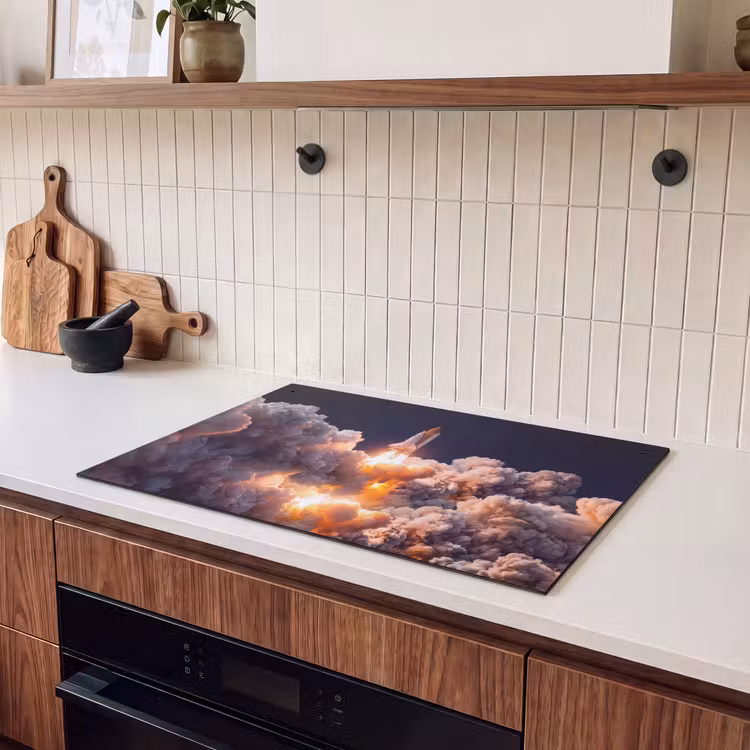 Induction Hob Cover & Splashback (2-in-1) - Spacecraft - Launch - Stars - Ruimtevaartuig - Lancering - Sterren Inductie beschemer met haakjes klein