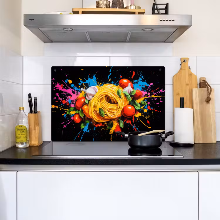Spaghetti - Graffiti - Verf - Kleurrijk - Eten - Modern Inductie beschemer met haakjes klein -sfeer2